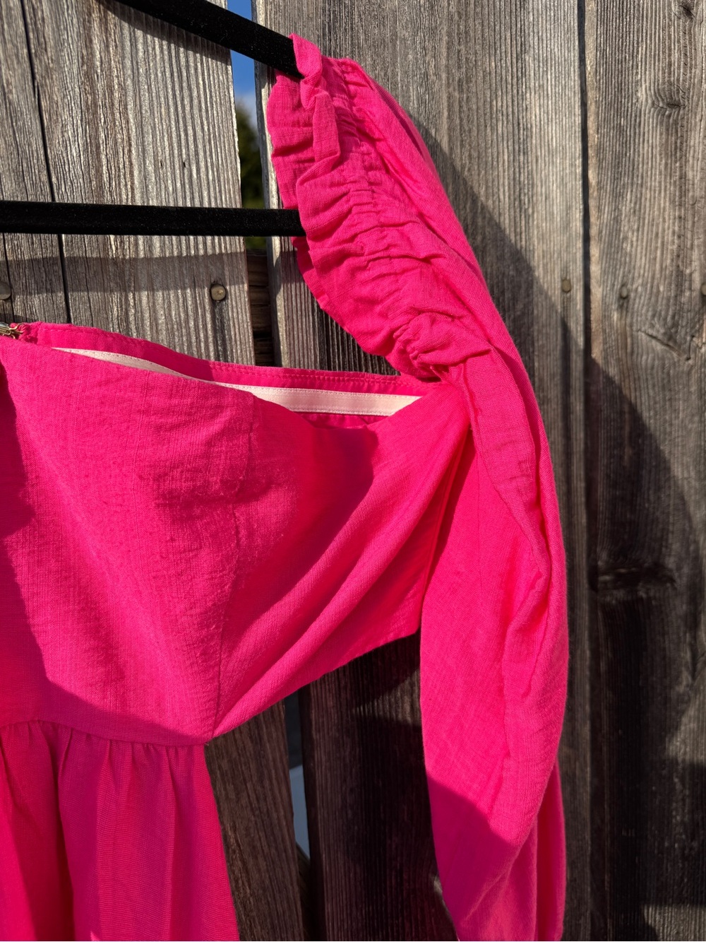 Ruched Puff-Sleeve Mini Dress in Fuchsia Pink Strapless Cutout Off the Shoulder